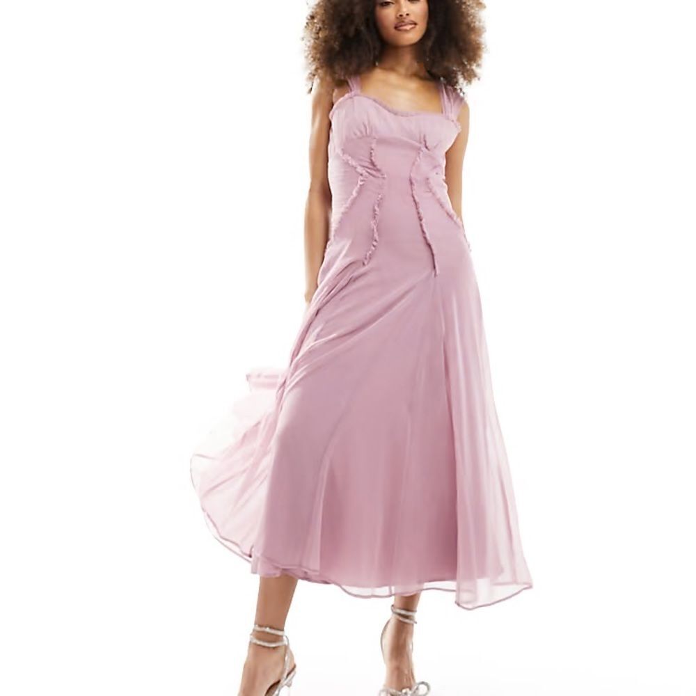 ASOS DESIGN Gathered Corset Raw Edges Midi Dress | Size 12 | Dusty Pink
